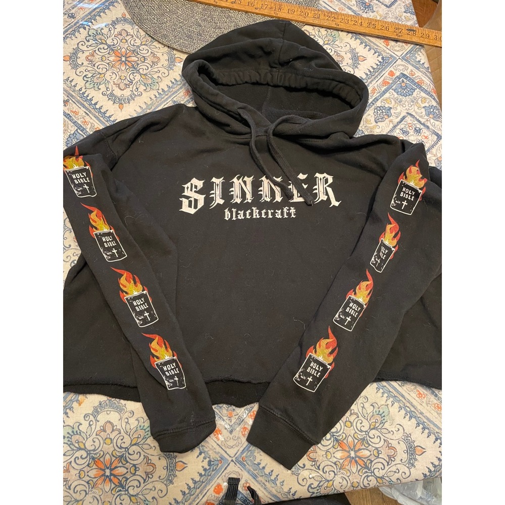 Blackcraft Cult Sinner Black Cropped Hoodie Burning Bible Graphic Gothic Large